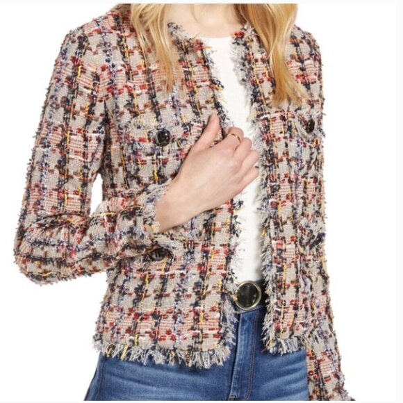 Halogen Tan Elsie Tweed Multicolored Frayed Edge Jacket Size Medium - Picture 1 of 11